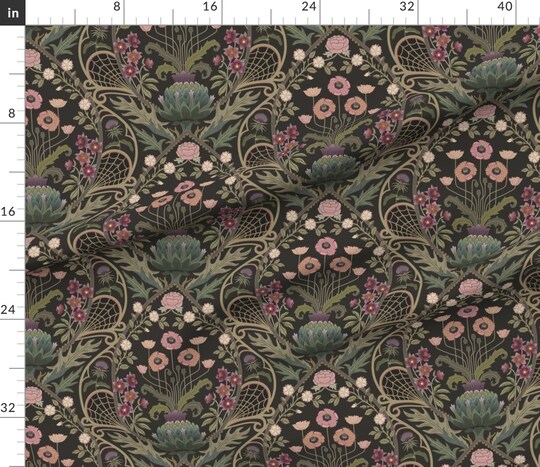 Dark Moody Damask Roses Hellebores Artichoke Flower Olive Green Dusty Pink Botanical Custom Printed Fabric by Spoonflower Various Fabrics by the Yard or Fat Quarter